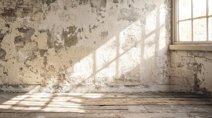 A sunlit, weathered room with a window and wooden floor, featuring a textured wall with patches of peeling paint.
