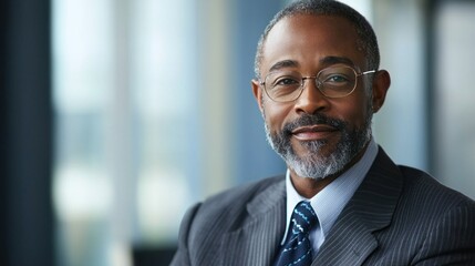 Fototapeta premium A confident, middle-aged African American businessman with a beard, wearing a suit and tie, smiling warmly in an office setting.