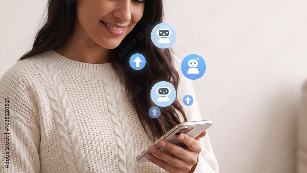 Poster smiling woman using smartphone with holographic chatbot and message icons. concept of ai virtual ass
