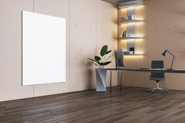 Contemporary office with minimalist desk, modern lighting, and blank wall canvas in stylish...