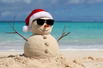 A sand snowman wearing a santa hat and sunglasses on a tropical beach