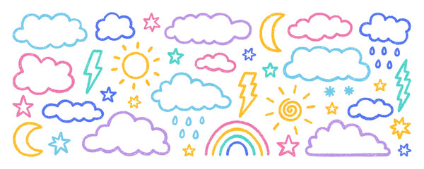 Chalk pencil clouds doodle set. Childish crayon sky, stars, lightning, rain, sun and moon. Pastel kids sketch. Grunge texture. Hand drawn vector illustration isolated on white background