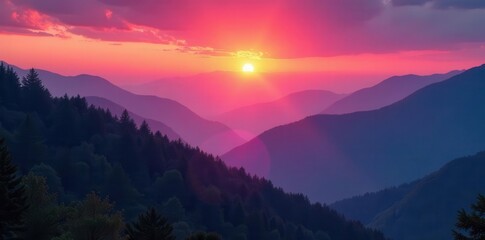 Obraz premium Crimson sunrise illuminates misty mountain range , travel, vibrant, nature