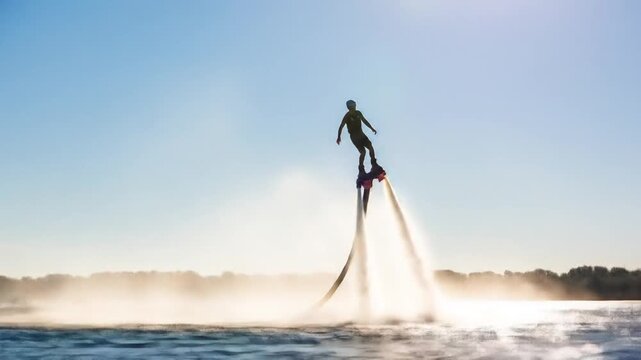 Man Flyboarding Against Blue Sky Summer Water Sport