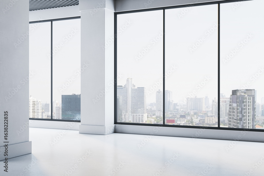 Poster modern empty office interior with large windows and city skyline view in background, featuring white