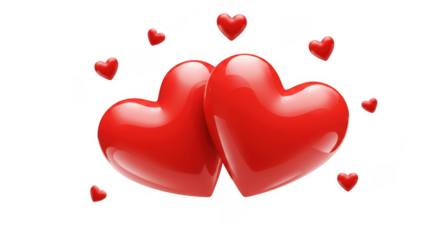 Two glossy red hearts together with small hearts floating around isolated on transparent background