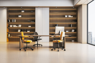 Modern corporate office with wooden shelves, computer desk, and yellow chairs in a spacious...