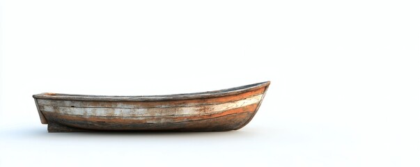 Obraz premium A small old wooden boat rests on a white surface