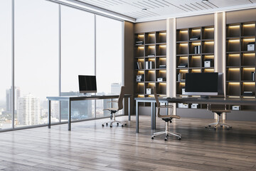 Modern corporate office interior with sleek desks, computers, and panoramic city view in a stylish,...