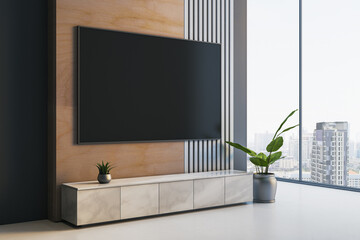 Modern blank TV screen mockup on wooden wall in bright contemporary room with city view through...