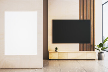 Modern interior with blank vertical canvas and black screen on light wood wall in contemporary room...