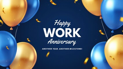 Celebratory work anniversary with blue and gold balloons