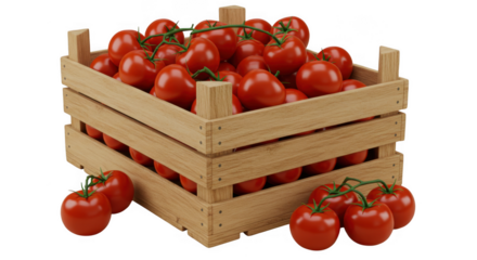 Stack of wooden crates filled with fresh red tomatoes isolated on transparent background