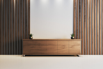 Modern wooden dresser against vertical slat wall with white background for poster or logo mockup in...