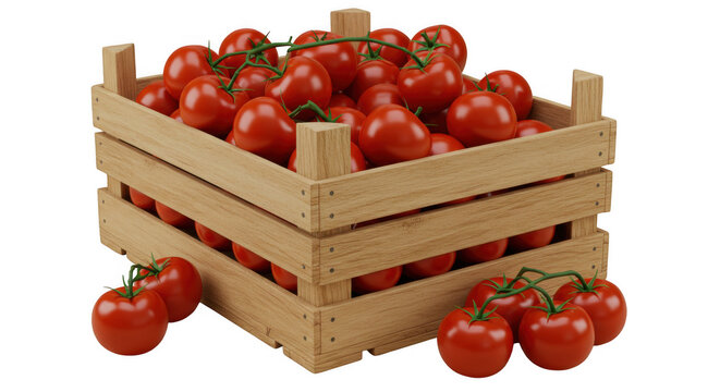 Stack of wooden crates filled with fresh red tomatoes isolated on transparent background