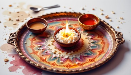 watercolor pooja tray with diya and rice, indian tradition, no people