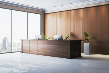 Modern wooden office reception desk with plants and large glass window overlooking city buildings...