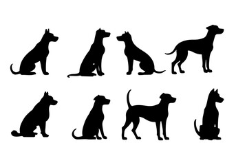 Set of black dog silhouettes vector illustration showing various running and standing dogs in a nature and farm animal collection