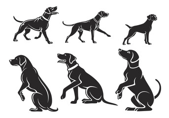 Set of black silhouettes of dogs and horses running in nature vector collection