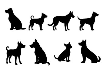 Set of black dog silhouettes in various poses and breeds vector illustration