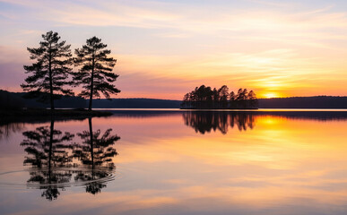 Obraz premium Calm Lake At Sunset With Silhouette Of Pine Trees Reflecting On Water