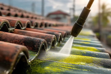 A person is using a pressure washer to clean green moss off a terracotta tiled roof. The water stream is powerful, creating a clean path on the old, dirty tiles.