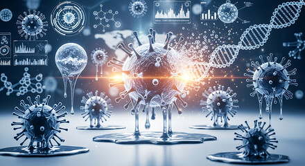 Artistic rendering of microscopic viruses surrounded by scientific data visualizations, suggesting research.