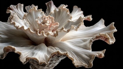 An off-white, ruffled, flower-like formation, possibly a mushroom or coral, exhibits a spiral structure against a stark black backdrop.