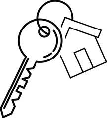 House key on keychain with house-shaped charm in minimalist vector style, symbolizing home ownership, property access, and real estate concepts, isolated on white background.