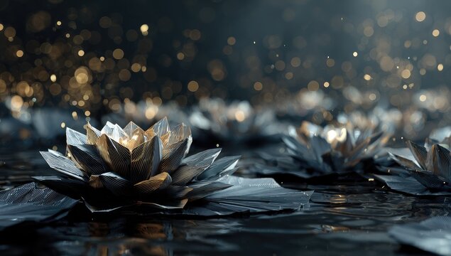 Glowing metallic lotus flowers float on dark water, illuminated by golden sparks in a dreamy, serene digital art scene