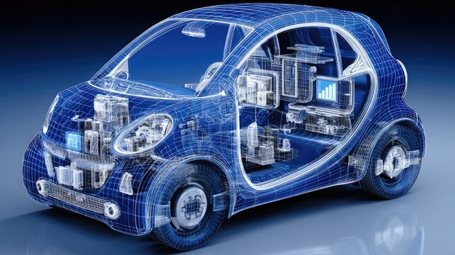 Blueprint of concept smart car with labeled systems and high-tech interfaces