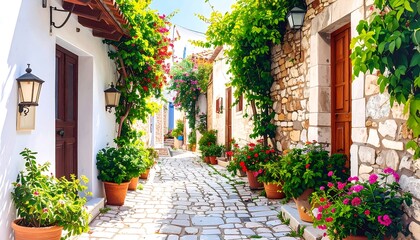 Narrow cobblestone alleyway with brick walls and lush plants creating charming historic urban scene with cosy atmosphere.

