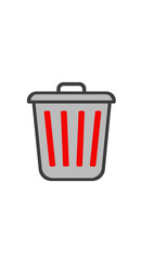A simple illustration of a grey trash bin with red vertical stripes, ready for disposal.