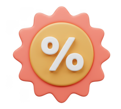 3d rendered orange and yellow sunburst with percentage symbol isolated on transparent background