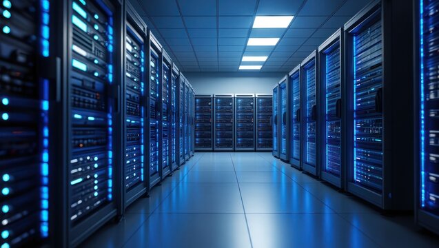 Futuristic data center with glowing blue servers and cool lighting - Powered by Adobe