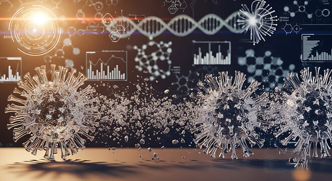 Coronavirus models amidst scientific data visualizations, illustrating research and analysis.