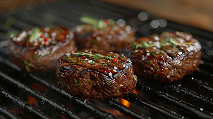 Four juicy, seasoned steaks grilling on a hot barbecue.  Close-up view of the flavorful, perfectly browned meat on the grill grates. Smoky, delicious aromas are visible.
