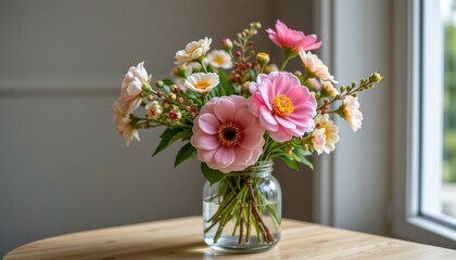 minimal floral arrangement in clear glass, spring mockup, no people, no text, no logo