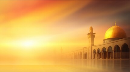 Majestic sunset over an ancient mosque with a golden dome, surrounded by soft, ethereal light