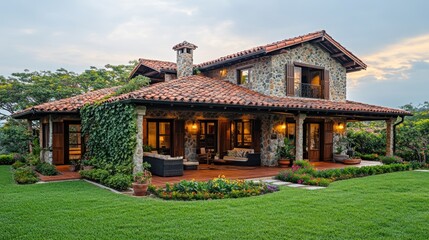 Obraz premium Rustic stone home with covered patio