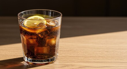A glass of cola with ice and a lemon slice on a wooden table