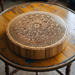 A close-up, top-down view of a similar light-colored wooden object with a more densely packed, intricate floral and leaf-like carving. The pattern covers almost the entire surface, creating a beautifu