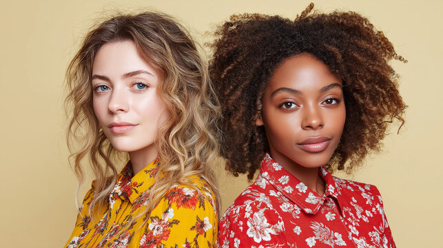 Two diverse female models stand side by side, radiating confidence with their stylish floral outfits. The warm background highlights their unique features and expressions.