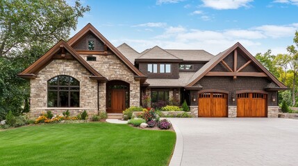 Obraz premium A grand, two-story house with a stone facade and wooden accents, featuring a large driveway and a lush green lawn.