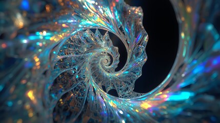 High-quality image of abstract swirling fractal pattern with iridescent colors and bokeh lights