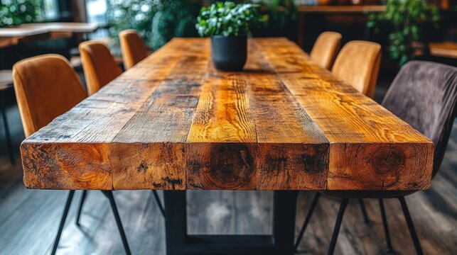 Rustic wooden dining table with mustard chairs