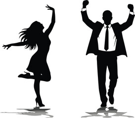 Silhouettes of dancing woman and triumphant man on reflective surface, celebrating success, freedom, joy, achievement, abstract concept art