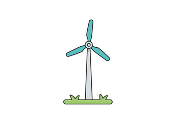 A stylized illustration of a wind turbine with blue blades, standing on a patch of green grass against a white background.