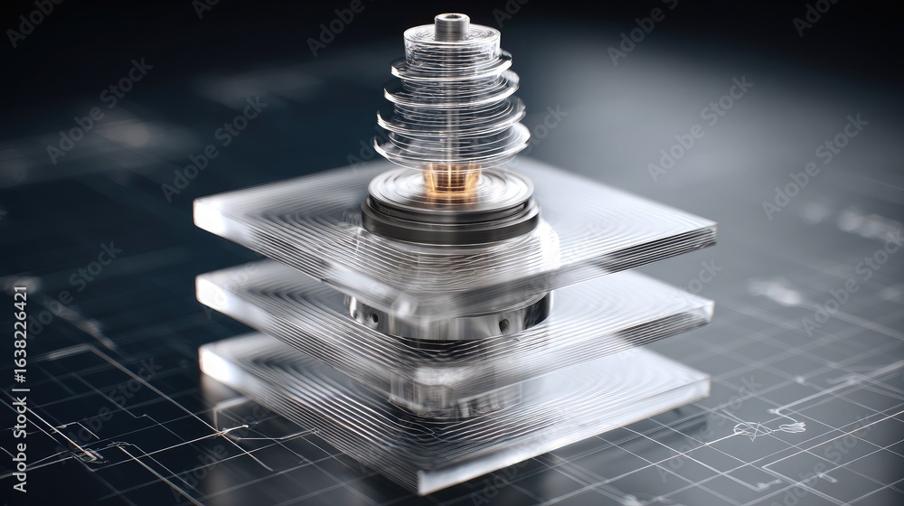 Poster holographic spinning prototype displayed above virtual blueprint layers