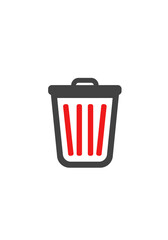 Simple graphic illustration of a trash can with red stripes.